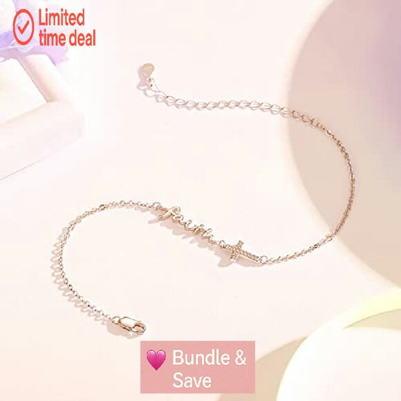 Sterling Silver Adjustable Anklet with Faith Cross & Angel Wing Pendant - Picture 3 of 8